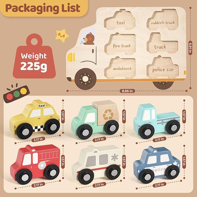 Wooden Toddler Puzzles,Montessori Puzzle for Toddlers 1-3,Montessori Toys for 1 2 3 Years Old Boys Girls Educational Toys with 6 Emergency and City Vehicles,Wooden Toy Cars for Toddler 1-3