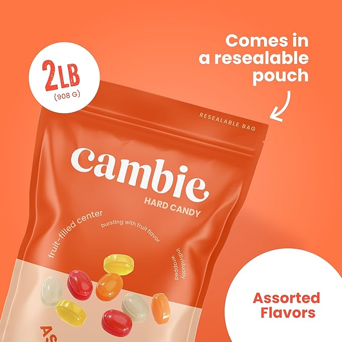Assorted Fruit Hard Candy Individually Wrapped by Cambie, 2 lbs of Fruit Candy with a Deliciously Sweet Hard Exterior with a Soft, Decadent Filled Center