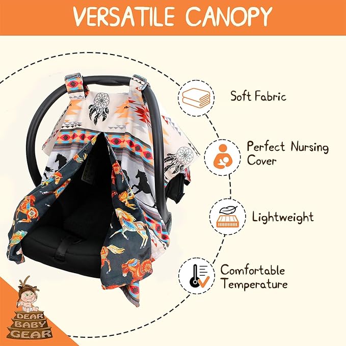 Dear Baby Gear - Baby Car Seat Canopy - Infant Car Seats Covers - Carseat Canopies for Boys and Girls - Toddler Carseat Cover with Snap Opening 40"x30"(Southwestern Tribal Horses - Reversible)