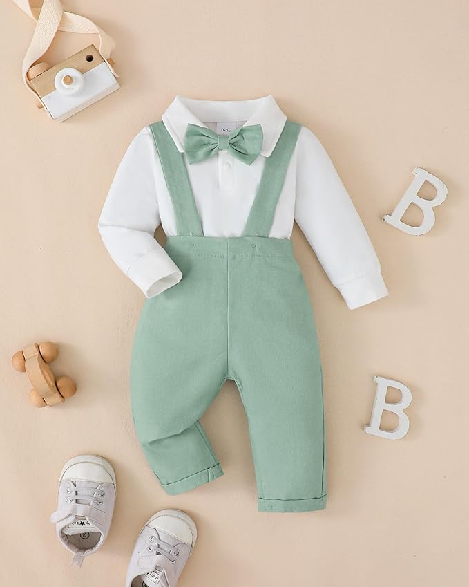 Newborn Baby Boy Clothes Gentleman Wedding Suit Infant Outfits Formal Dress Shirt+Bowtie+Suspender Pants
