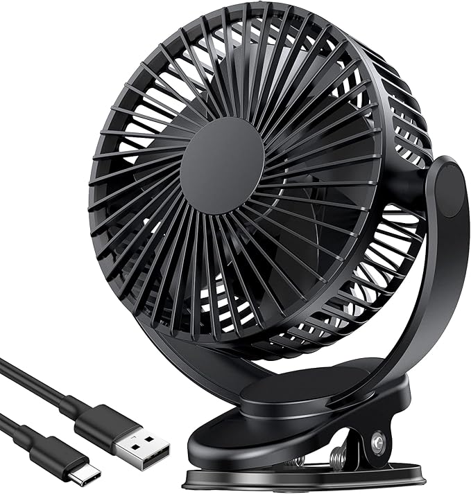 ATEngeus Rechargeable Clip-on USB Desk Fan, 3 Speeds, 5000mAh Battery, 720Rotation, Sturdy Clamp for Home, Camping, Treadmill and Car