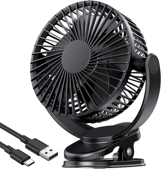 ATEngeus Rechargeable Clip-on USB Desk Fan, 3 Speeds, 5000mAh Battery, 720Rotation, Sturdy Clamp for Home, Camping, Treadmill and Car
