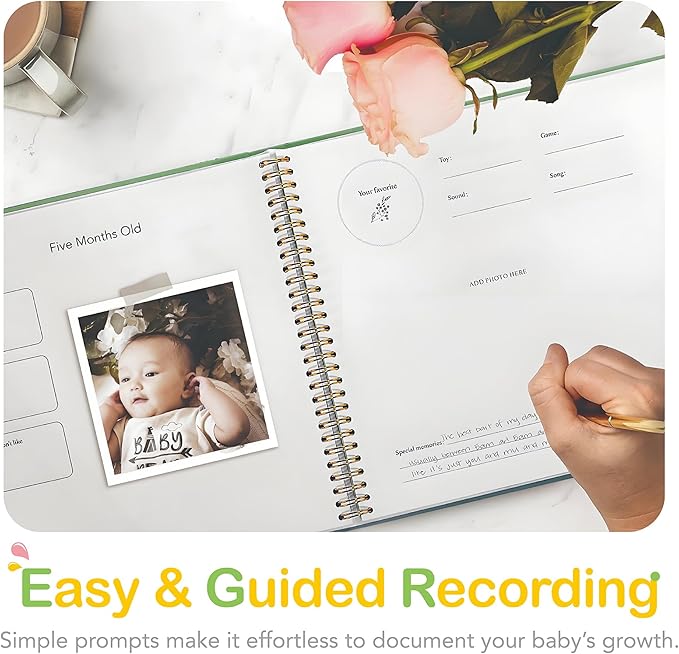 Baby Memory Book First 5 Year Boy or Girl Keepsake Journal Photo Albums Scrapbook, Gifts for Baby Shower First Time Mom New Parents (Toy - Sage Green)