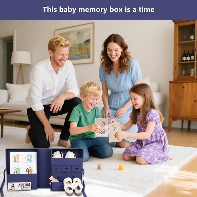 Memory Box for Kids,Baby Keepsake Box, Large Memory Box Drawer-Style Design with 8 Additional Items,Newborn Keepsake Box for Baby Girl & Boy,Gift for Baby Shower, Expecting Moms (Blue)