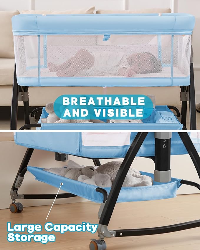 3 in 1 Baby Bassinet, Bedside Crib with Breathable Mesh, Bassinet Bedside Sleeper with Wheels, Mosquito Net, Storage Basket, 6 Height Adjustable, Easy to Fold, Dark Black