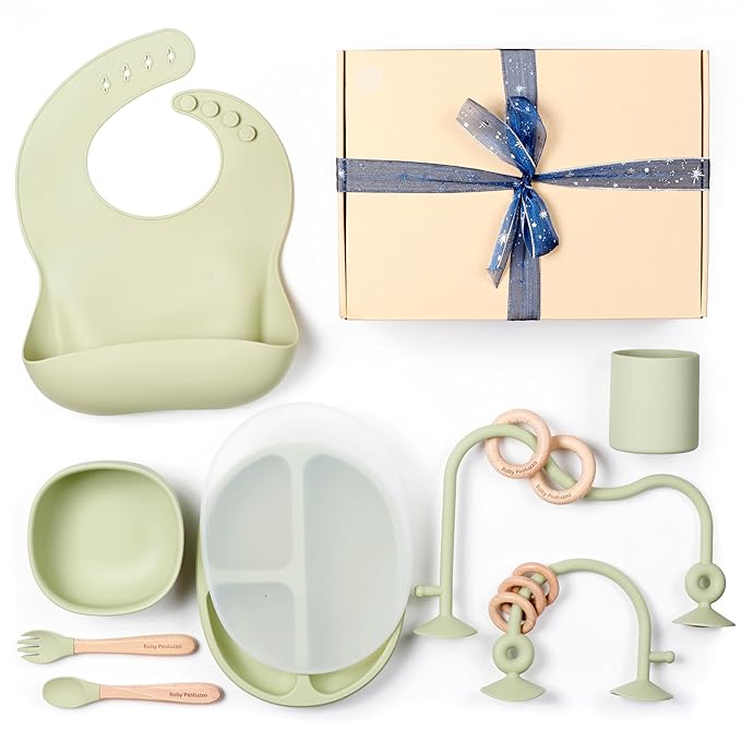 Set of Silicone Baby Feeding Essentials 6 in 1 and Educational Montessori Baby Toys, highchair Toys Suction for Infant Toddlers (Olive)