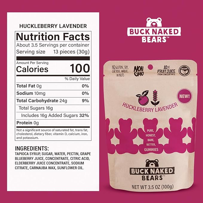 Buck Naked Bears - Huckleberry Lavender Gummy Bears - Soft, Smooth, and Sweeter Like a Fruit Snack - Plant-Based Gummies Good Snack Choice - Non-GMO - Clean Label Gummy Candy - Vegan 3.5oz 3-Pack