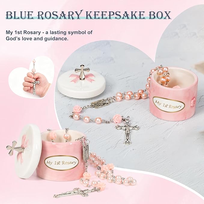 Baptism Gifts for Girl My First Pink Rosary Keepsake Box – Catholic Pink Rosary Box for Kids, Christening Baptism Decor for Kids, First Communion Keepsake Set from Godmother, Baby Girl Dedication Gift