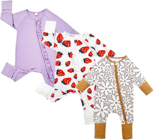 Bow Dream Bamboo Rayon Baby Boy Romper Footed Long Sleeve Footies Newborn Girl Clothes Footless with Zipper and Mitten Cuffs