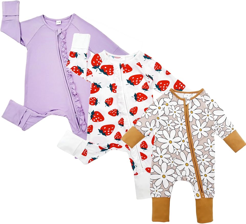 Bow Dream Bamboo Rayon Baby Boy Romper Footed Long Sleeve Footies Newborn Girl Clothes Footless with Zipper and Mitten Cuffs