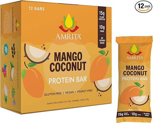 Amrita Nut Free Vegan Protein Bars (12 Count) | Mango Coconut 15g Plant-Based Protein Bar | Peanut-Free, Gluten Free, and Dairy-Free | No Added Sugar, High Fiber, Healthy Snacks for Kids/Adults