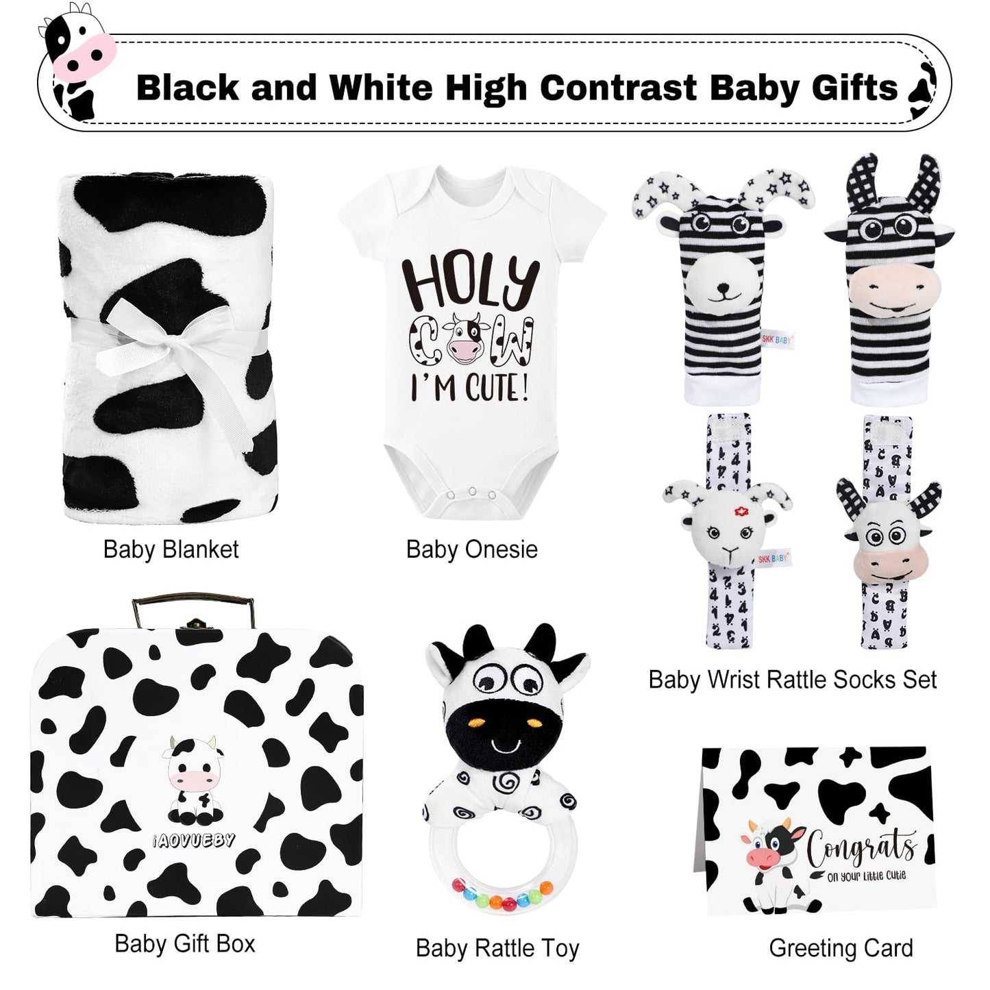 iAOVUEBY Baby Gift Set, Baby Shower Gifts, Black and White High Contrast Baby Toys 0-6 Months for Newborn Essentials Infant Rattle Socks Elephant Toys Blanket Onesies Baby Gift Basket for Girls Boys