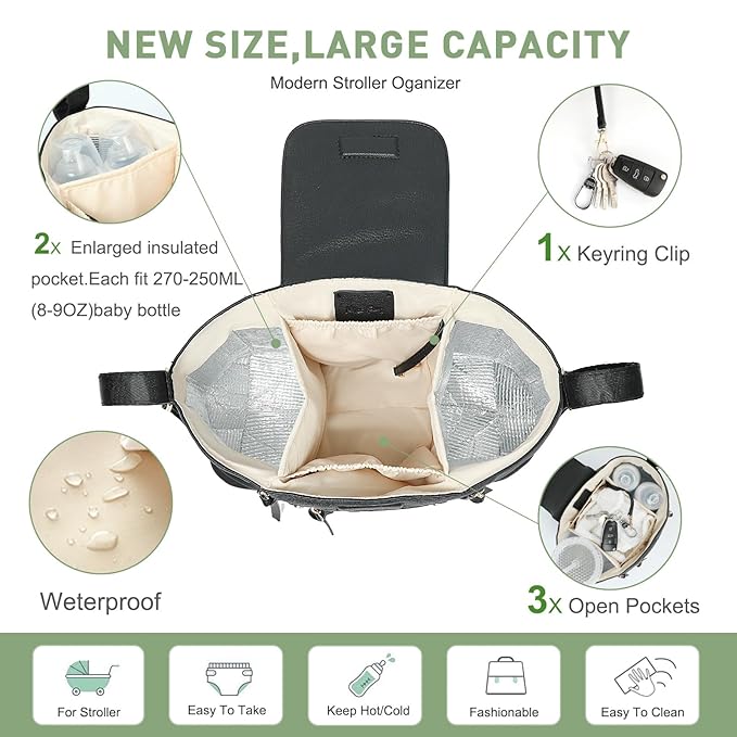 miss fong Stroller Organizer with Insulated Cup Holder Stroller Caddy Stroller Accessory BagStroller Diaper Bag Stroller Storage Stroller Bag with Adjustable Strap to Fit All Strollers (Black)