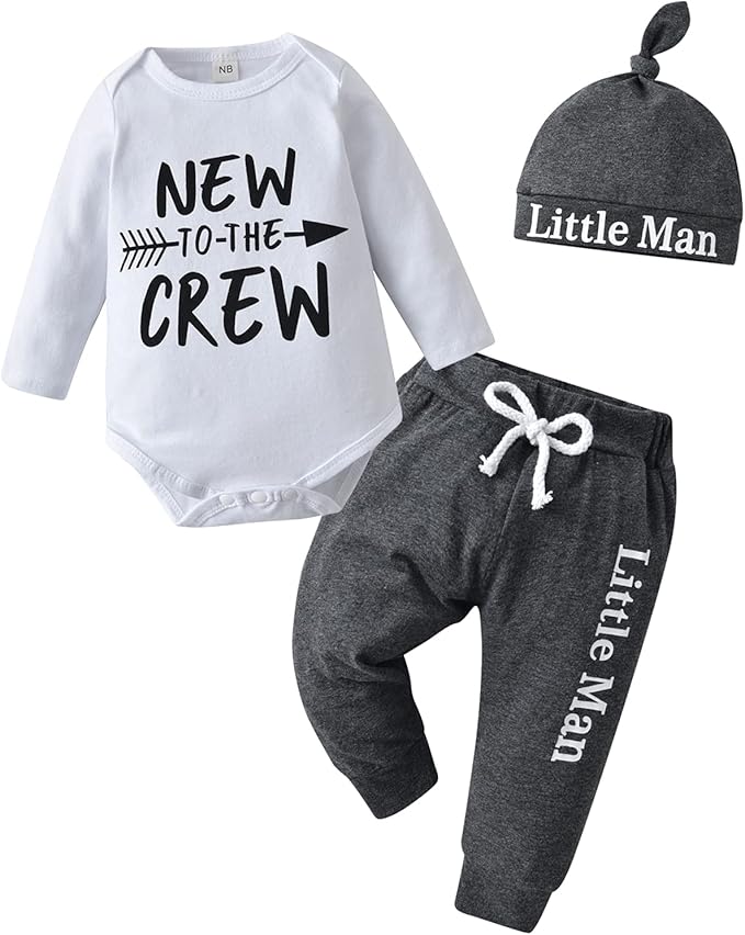 KuKitty Newborn Infant Baby Boy Clothes Long Sleeve Romper + Pants + Hat 3PCS Outfits Set
