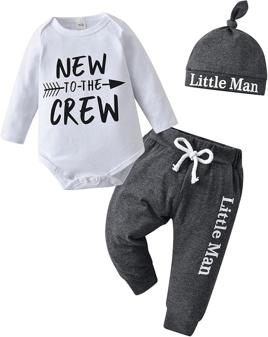 KuKitty Newborn Infant Baby Boy Clothes Long Sleeve Romper + Pants + Hat 3PCS Outfits Set