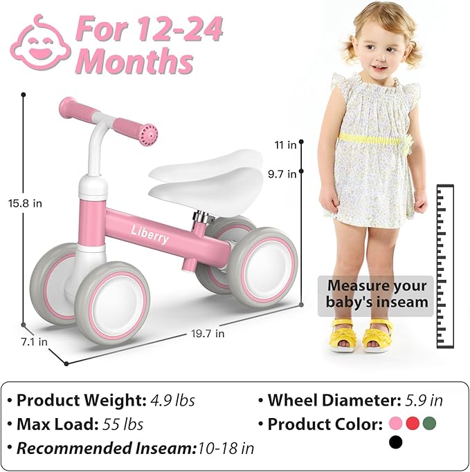 Liberry Baby Balance Bike for 1 Year Old Girls, 4 Wheels Toddler Balance Bike with Adjustable Seat, 12-24 Months Infant's First Birthday Gift (Pink)