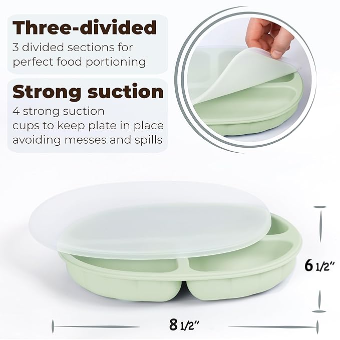 Set of Silicone Baby Feeding Essentials 6 in 1 and Educational Montessori Baby Toys, highchair Toys Suction for Infant Toddlers (Olive)