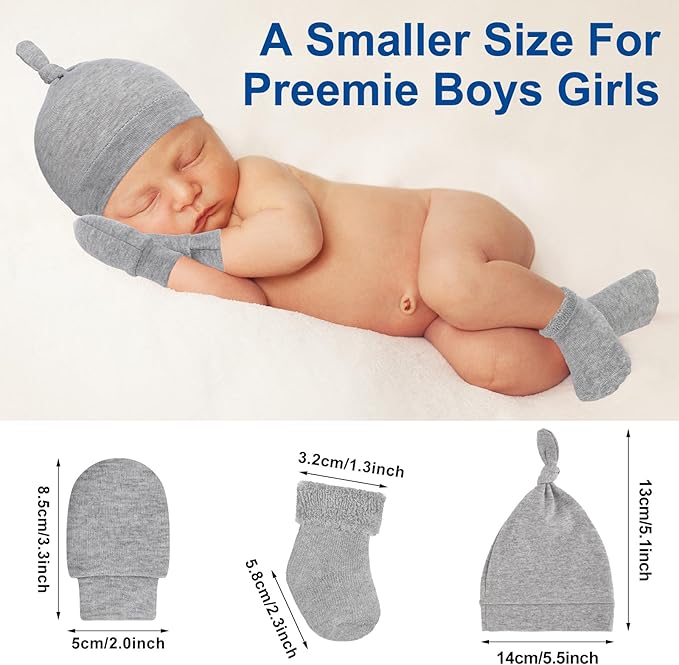 6 Pcs Preemie Hats Mittens and Socks Set Cotton Preemie Cap Knotted Hat No Scratch Warm Terry Socks for Boys Girls