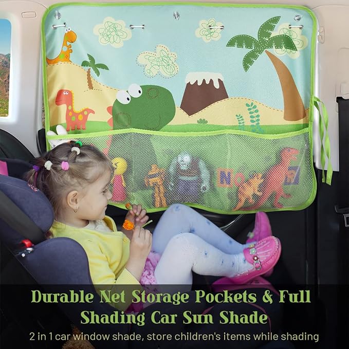 Car Window Shade for Baby, 2 Pack Car Sun Shades with Storage Pockets Car Window Curtain 7 Suction Cups Dinosaurs Pattern for Sun/Heat/UV Rays Protection