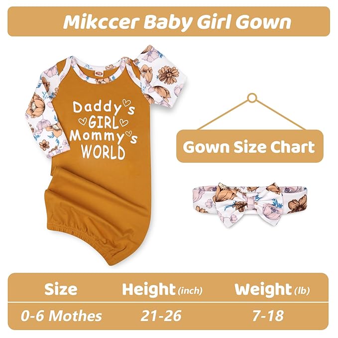 Newborn Baby Girl Gown 0-6 Months, Super Soft Newborn Sleepers Gown, Long Sleeve Infant Nightgown for Girls, Baby Girl Outfit Essential with Headband Set Orange Yellow