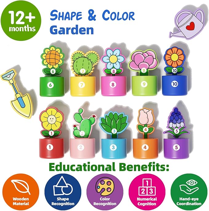 GJZZ Wooden Pretend Play Flower Garden Set with Stand - Montessori Shape and Color Sorting Toys for 2 3 Year Old Girls Boys Birthday Gifts, Number Cognition for Toddler Kids, Fine Motor Skills