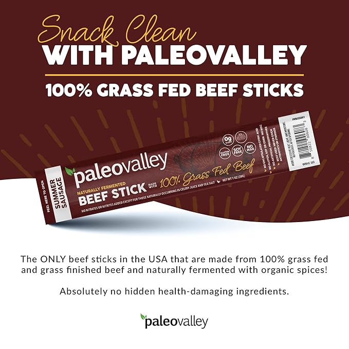 Paleovalley 100% Grass Fed Summer Sausage Beef Sticks - Delicious Gluten Free Beef Snack - High Protein Keto Friendly