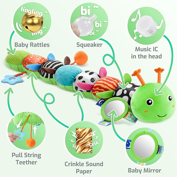 Sumobaby Baby Toys 0-6 6-12 Months, Music Caterpillar Plush Toy with Baby Mirror, Pull String&Crinkle Rattle,Infant Teething Toys,Tummy Time for 0-3-6-12 Month Boys Girls Newborn Gifts (Green-Leaf)