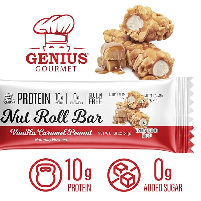 Genius Gourmet Nut Roll Bars Vanilla Caramel Peanut – 10g Protien, Zero Added Sugar, Gluten Free, Non-GMO – Sweet Snack & Dessert for Adults and Kids – 10 Ct Box