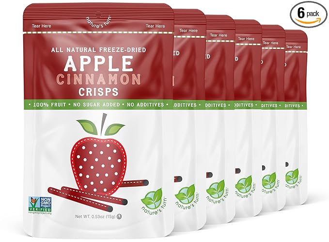 Nature’s Turn Freeze-Dried Apple Cinnamon Crisps – Healthy, Gluten-Free, Crispy & Delicious, Plant-Based Snack, Ideal for Cereal, Smoothies, School Lunches, & On-the-Go, Pack of 6 (0.53 oz Each)
