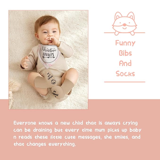 Baby Shower Gifts, Baby Girl Gifts Basket, Unique Baby Gift Essential Stuff Set - Baby Lovey Blanket New Born Bibs Socks Wooden Rattle & Greeting Card, Newborn Baby Gift Set (Fox, Pink)