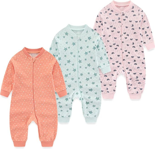 Newborn Baby 2-way Zipper Romper Cotton One-piece Jumsuit 3-pack, 0-24 Months