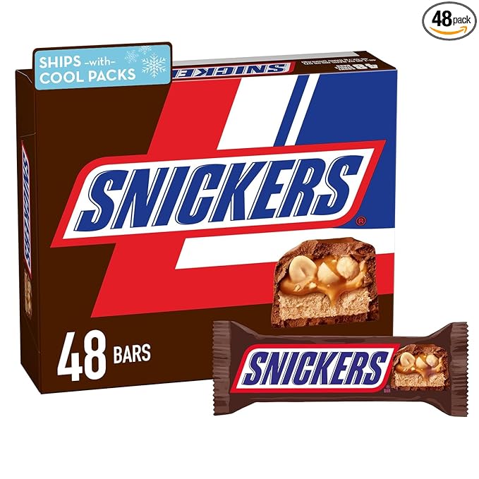 SNICKERS Full Size Milk Chocolate Candy Bars, 1.86 oz, 48 ct Box Chocolate Candy