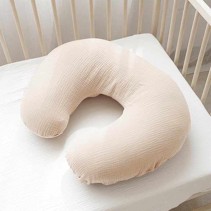 Konssy Muslin Nursing Pillow Covers, Soft and Cute Nursing Covers for Breastfeeding Pillows, Ideal for Newborn Baby Boys and Girls (Blue, Cream) - 2 Pack