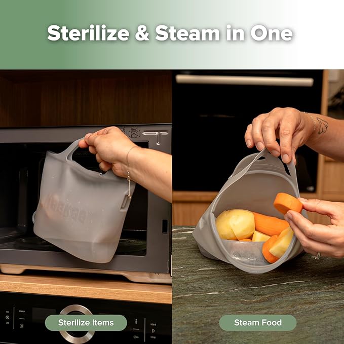Haakaa On-The-Go Silicone Microwave Steam Sterilizer Bags for Travel, 40oz/1250ml Reusable Silicone Steaming Bags for Baby Bottles, Breast Pump, Accessories, Pacifiers, Teethers,Grey/1PC