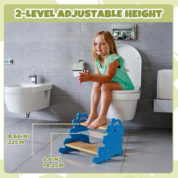 COSYLAND Height Adjustable Step Stools for Kids - Supports Up to 220 KBS Wooden Step Stool for Toddlers, Portable Stepping Stools with Handle for Kitchen, Bathroom (Natural & Blue)