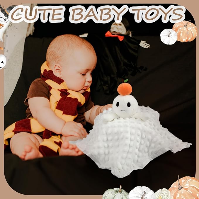 16 in Halloween Pumpkin Ghost Security Blanket Loveys for Babies Newborn Infant Toddler Orange Soft Stuffed Security Blanket with Toy Rattle Lovely Plush Sleeping Snuggle Gifts Baby Gifts