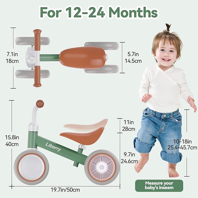 Liberry Light Up Baby Balance Bike 1 2 Years, Ride Toys with Adustable Seat for Boys Girls, First Birthday Gift for Toddlers, Green
