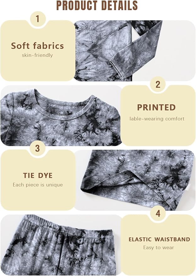 Jimonda Kids Toddler Soft Rayon From Bamboo Pajamas Long Sleeve Boys Girls Sleepwear Outdoor 4pcs Set Tops&Pants Tie Dye Pj