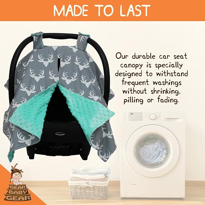 Dear Baby Gear - 40x30 Car Seat Canopy, Infant Carrier Cover for Boys & Girls, Cozy Fall Baby Gift, Nursing & Stroller Use, Newborn Travel Sunshade Accessory, Antlers on Gray, Mint Dot