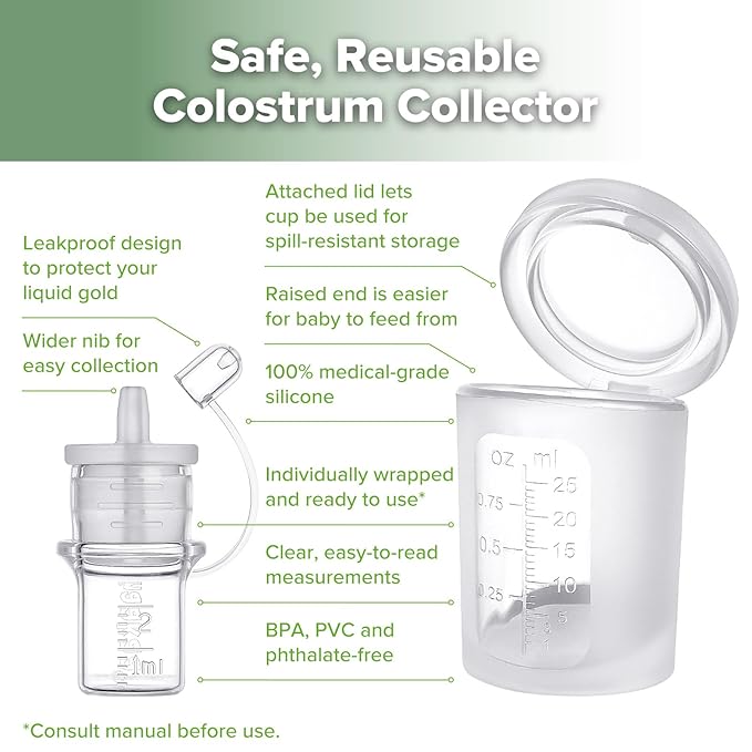 haakaa Colostrum Collectors 2ml/6pcs & Lidded Feeding Cup 25ml/1pc Set - Collect, Store & Feed Colostrum in One, Ready-to-Use Individually Wrapped, Reusable Colostrum Syringes for Liquid Gold
