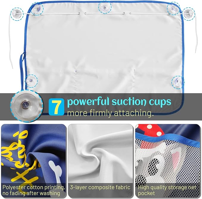 2 Pack Car Window Shade for Baby, Blackout Car Sun Shades with Storage Pockets, 7 Suction Cups, Blue, Cute Patterns for Sun/Heat/UV Rays Protection, Standard Passenger Cars