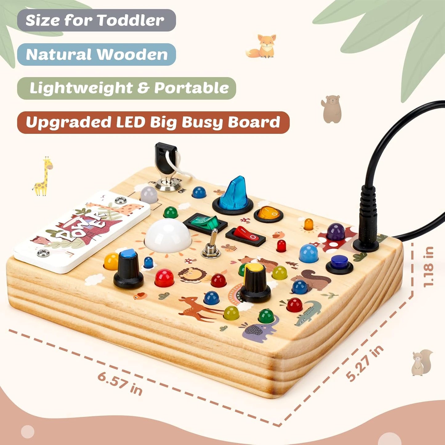 Joyreal Wooden Busy Board with LED Light, Montessori Toddler Toys, Wooden Sensory Board, Toddlers Activity Travel Toys for Boy & Girl Birthday Gift (Forest Theme)