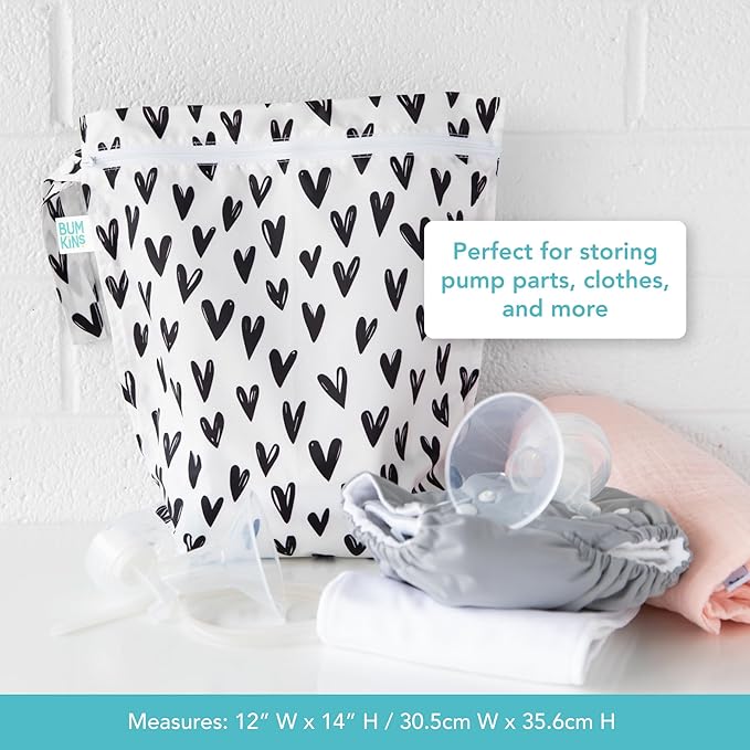 Bumkins Waterproof Wet Bag for Baby, Travel, Swim Suit, Cloth Diapers, Pump Parts, Pool, Beach, Gym Clothes, Toiletry, Hook to Stroller, Daycare, Zipper Reusable Wetdry Packing Pouch, Black Hearts