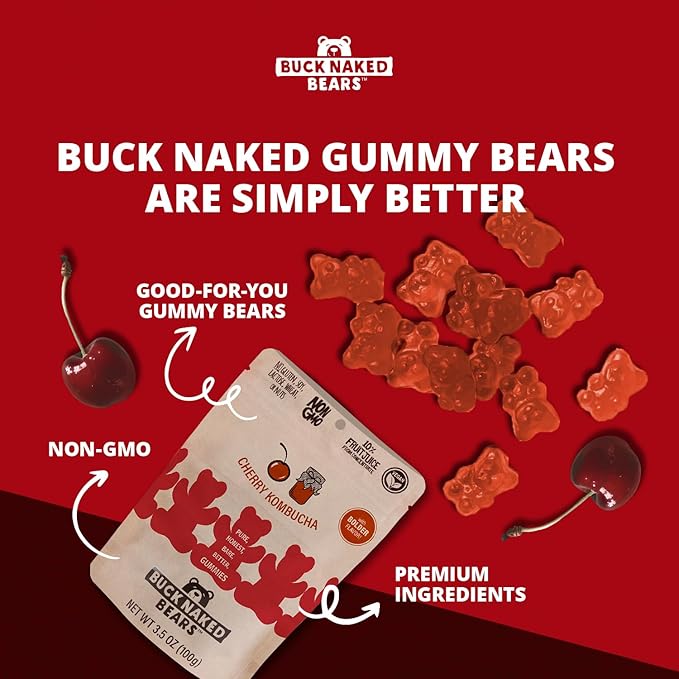 Buck Naked Bears - Cherry Kombucha Gummy Bears - Soft, Smooth, and Sweeter Like a Fruit Snack - Plant-Based Gummies Good Snack Choice - Non-GMO - Clean Label Gummy Candy, Vegan - 3.5oz 3-Pack