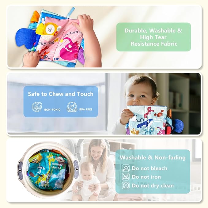 Soft Book Toys for Babies 0-18 Months, 2PCS Crinkle Cloth Books – Animals and Ocean Themes, Tails Sensory Book with Rings for Hang, Montessori Early Learning Infant Toy for 0-6-12-18 Month