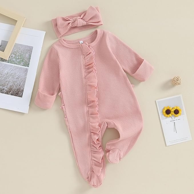 Newborn Girl Clothes Baby Girl Coming Home Outfit Zipper One-piece Outfits Ruffle Footie Bodysuit Jumpsuit Headband