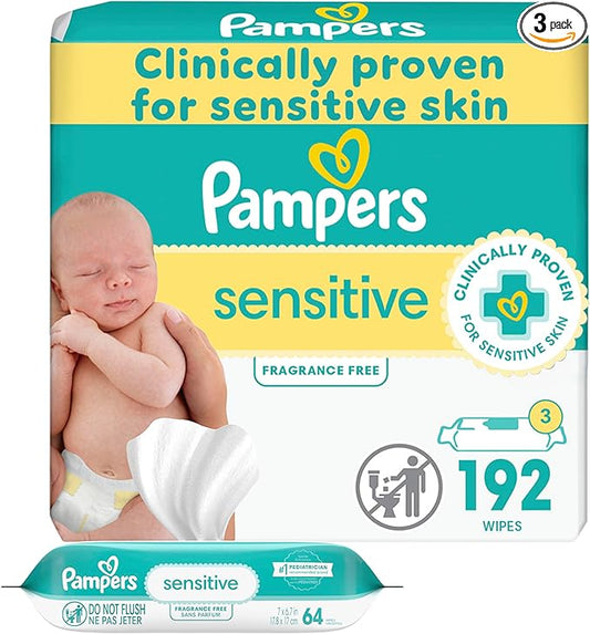 Pampers Baby Wipes Sensitive, Water Based Wipes, Hypoallergenic and Unscented Wipes, 192 Wipes Total (3 Refill Packs)