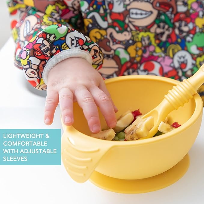 Bumkins Sleeved Bib for Girl or Boy, Baby and Toddler for 6-24 Mos, Essential Must Have for Eating, Feeding, Baby Led Weaning Supplies, Long Sleeve Mess Saving Food Catcher, Nintendo Super Mario