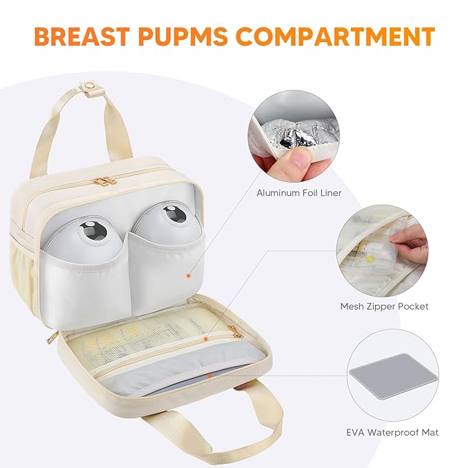 PIIOSER Breastmilk Cooler Bag with Ice Pack, Compatible with Wearable Breast Pumps & Accessories - Portable Pumps Carrying Case for Nursing & Working Moms, Cream