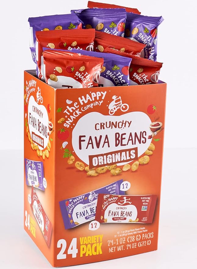 The Happy Snack Company Fava Beans Variety Pack 24 x 1 oz (Smoky BBQ Flavor and Pizza Flavor).Gluten free. Nut free. Dairy free. Non-GMO and Vegan. 5g Protein & 130 Cals.